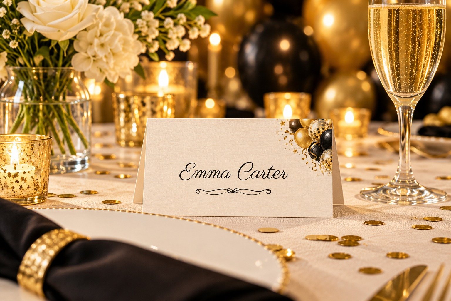 Cheers Gold Balloons name tent at a birthday dinner