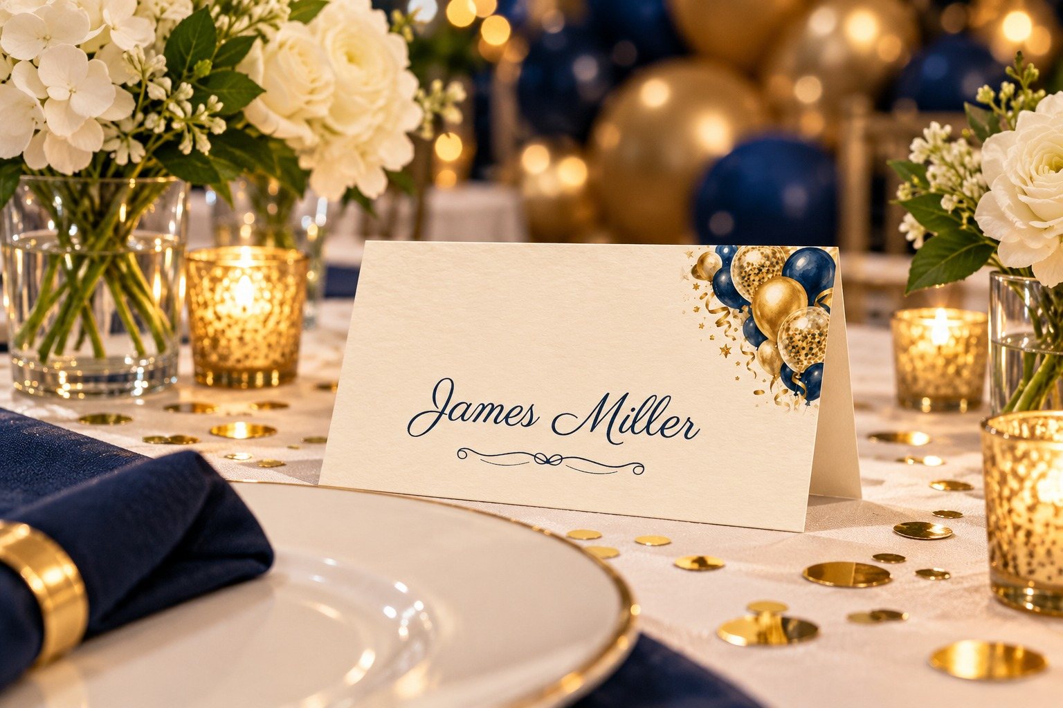 Cheers Navy Navy and Gold name tent at a birthday dinner