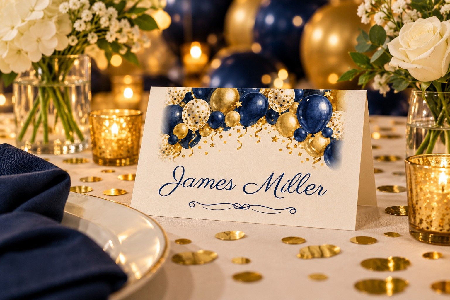 Cheers Navy Navy Balloon Arch name tent at a birthday dinner