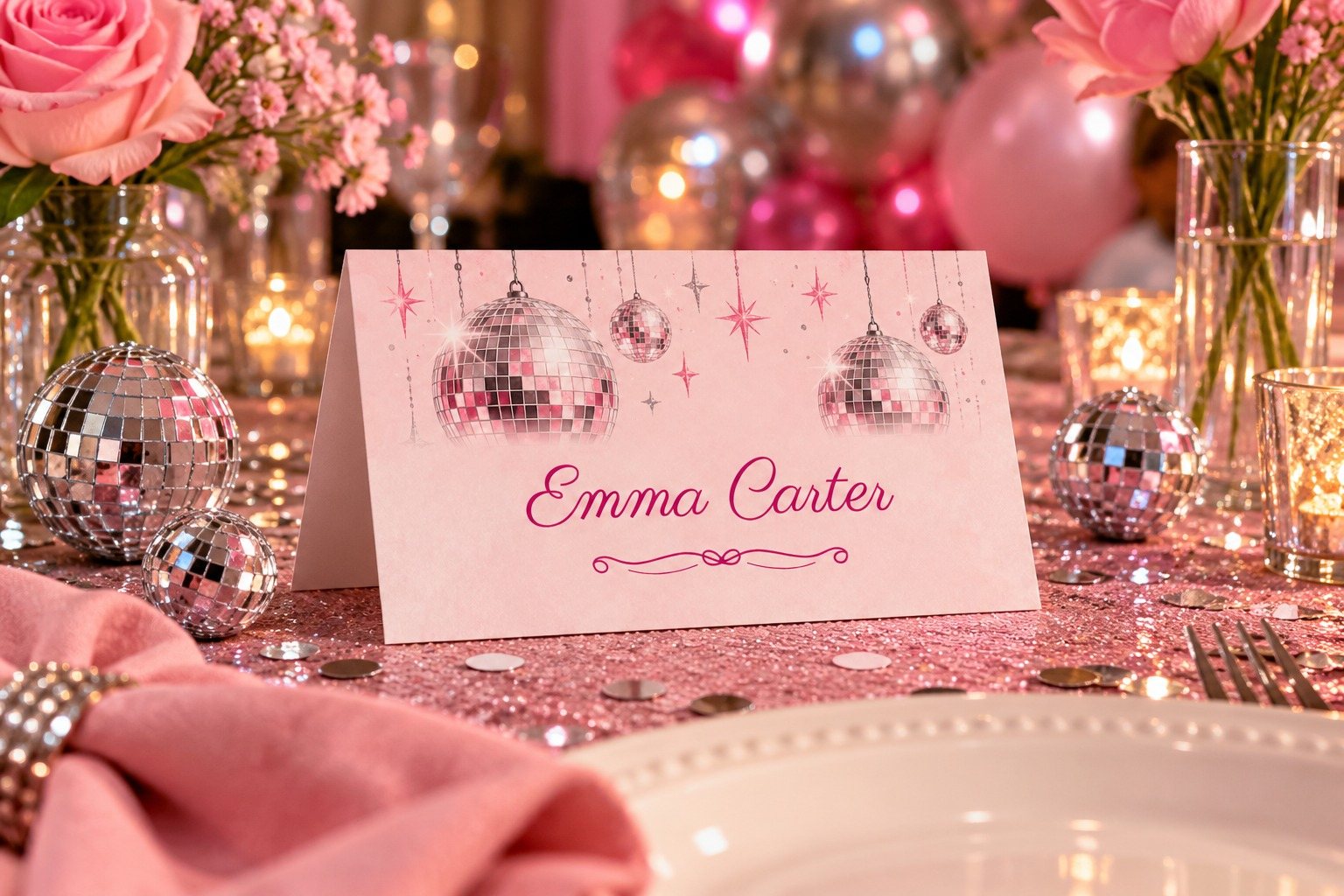 Disco Disco Ball name tent at a birthday dinner