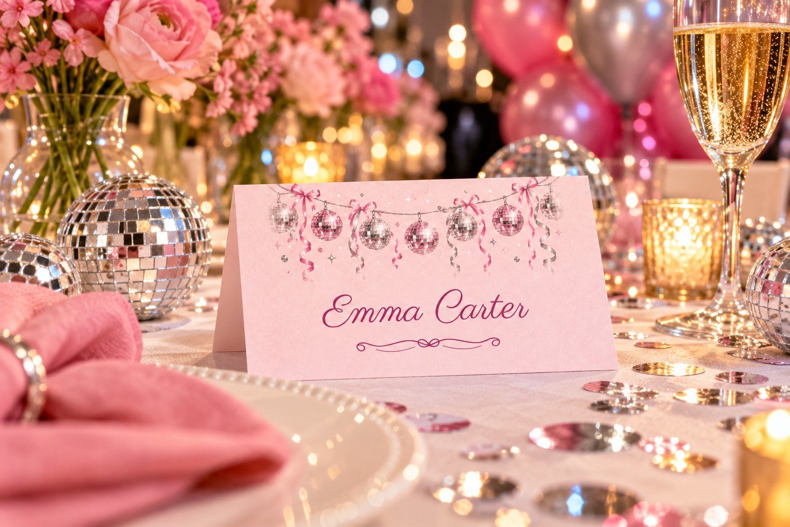 Disco Roller Skates name tent at a birthday dinner