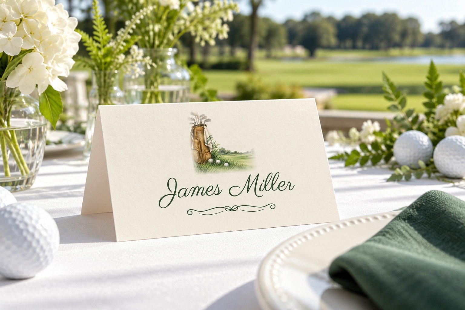Par-Tee Time Golf Bag name tent at a birthday dinner