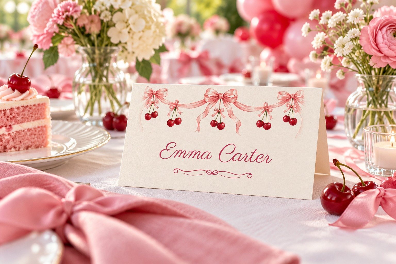 Vintage Cake Cherries and Bows name tent at a birthday dinner