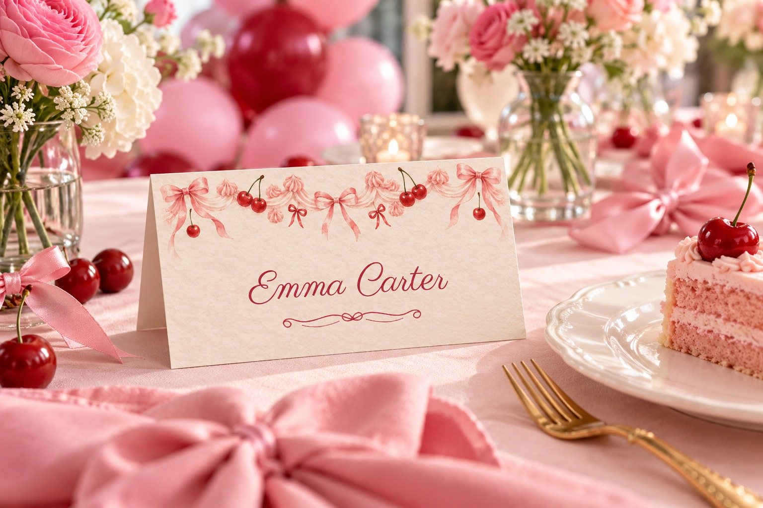 Vintage Cake Heart Cake name tent at a birthday dinner