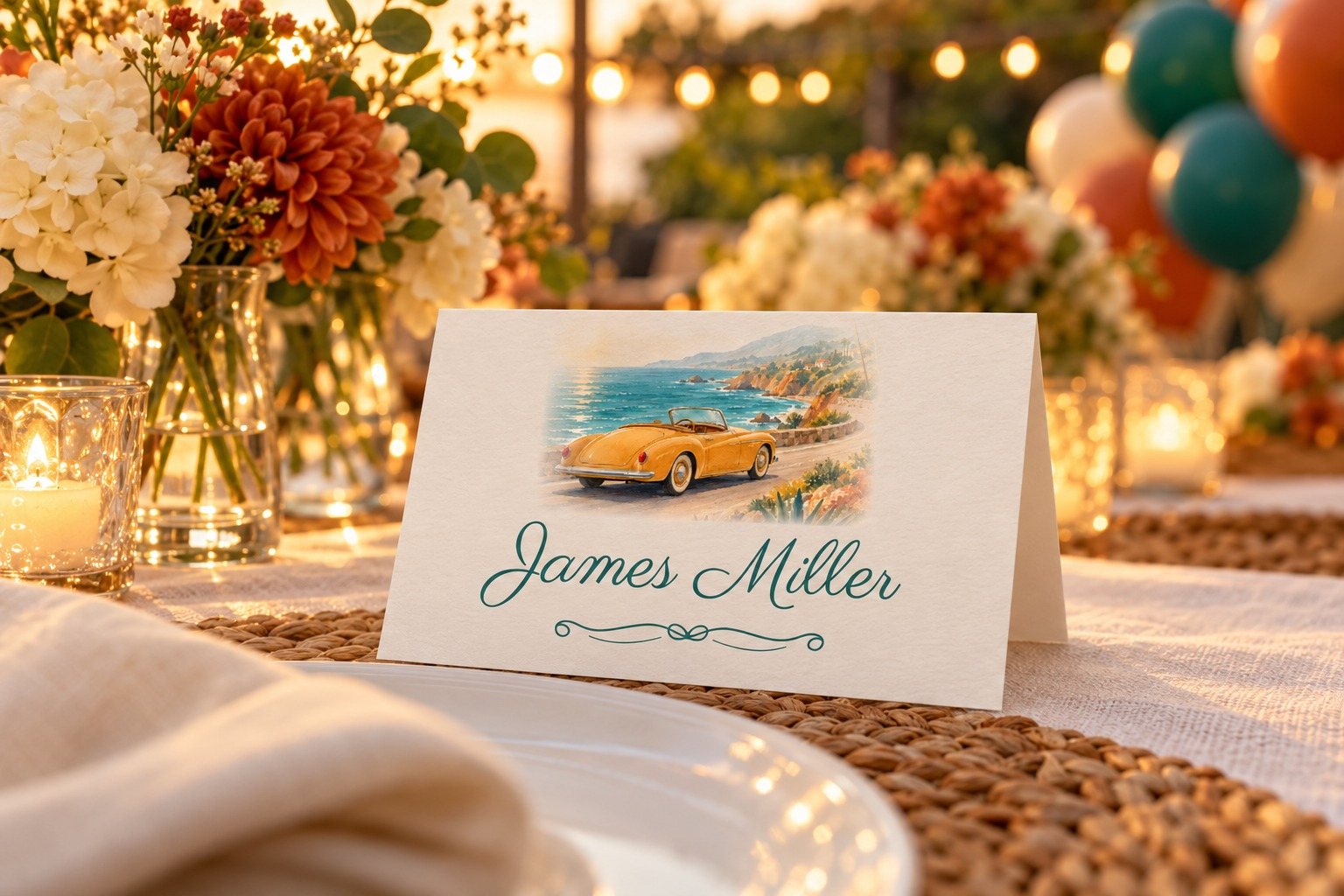 Vintage Edition Convertible name tent at a birthday dinner