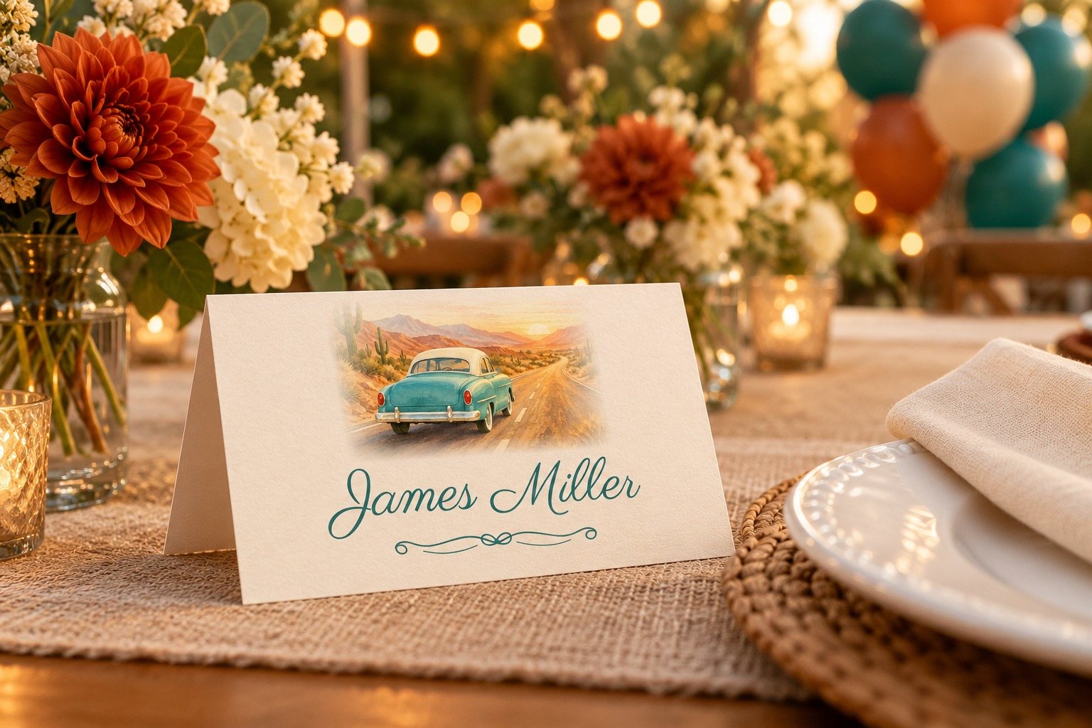 Vintage Edition Retro Car name tent at a birthday dinner