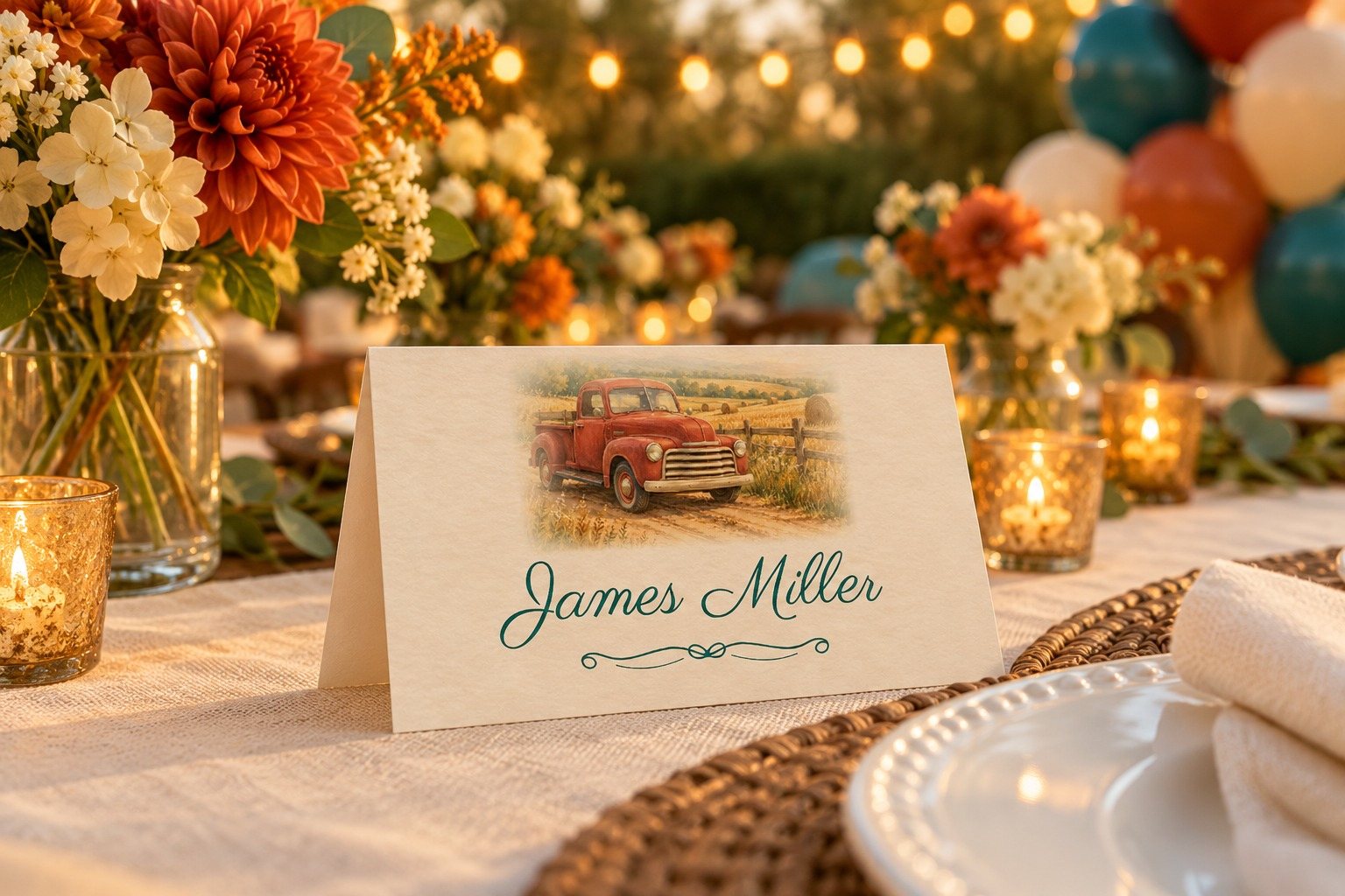 Vintage Edition Vintage Truck name tent at a birthday dinner