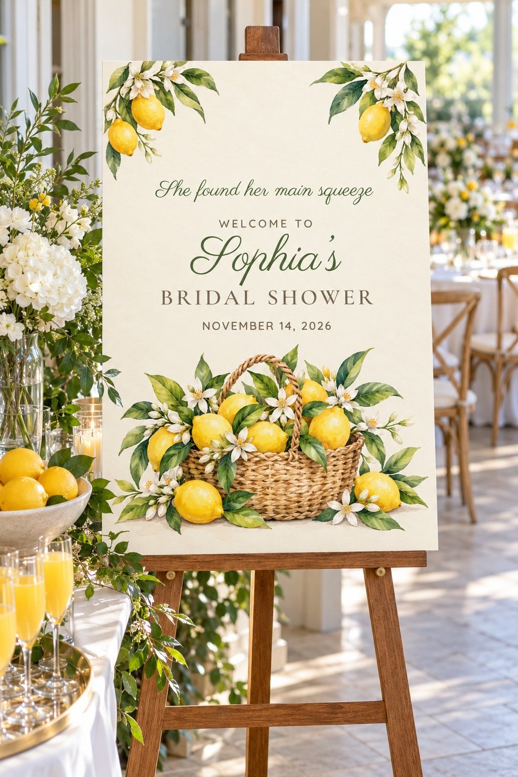 Main Squeeze Lemon Basket bridal shower welcome sign on an easel