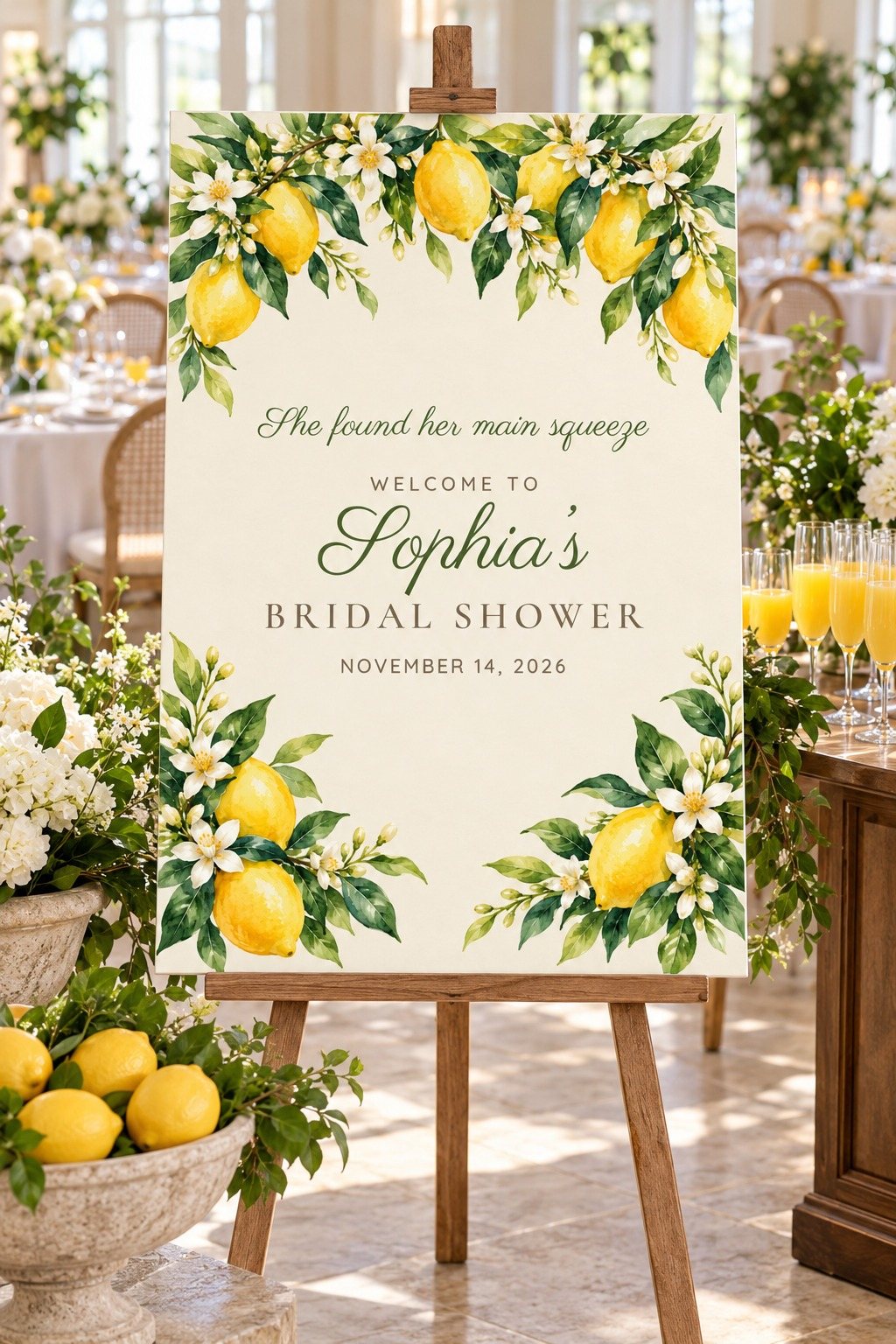 Main Squeeze Lemon Blossom bridal shower welcome sign on an easel