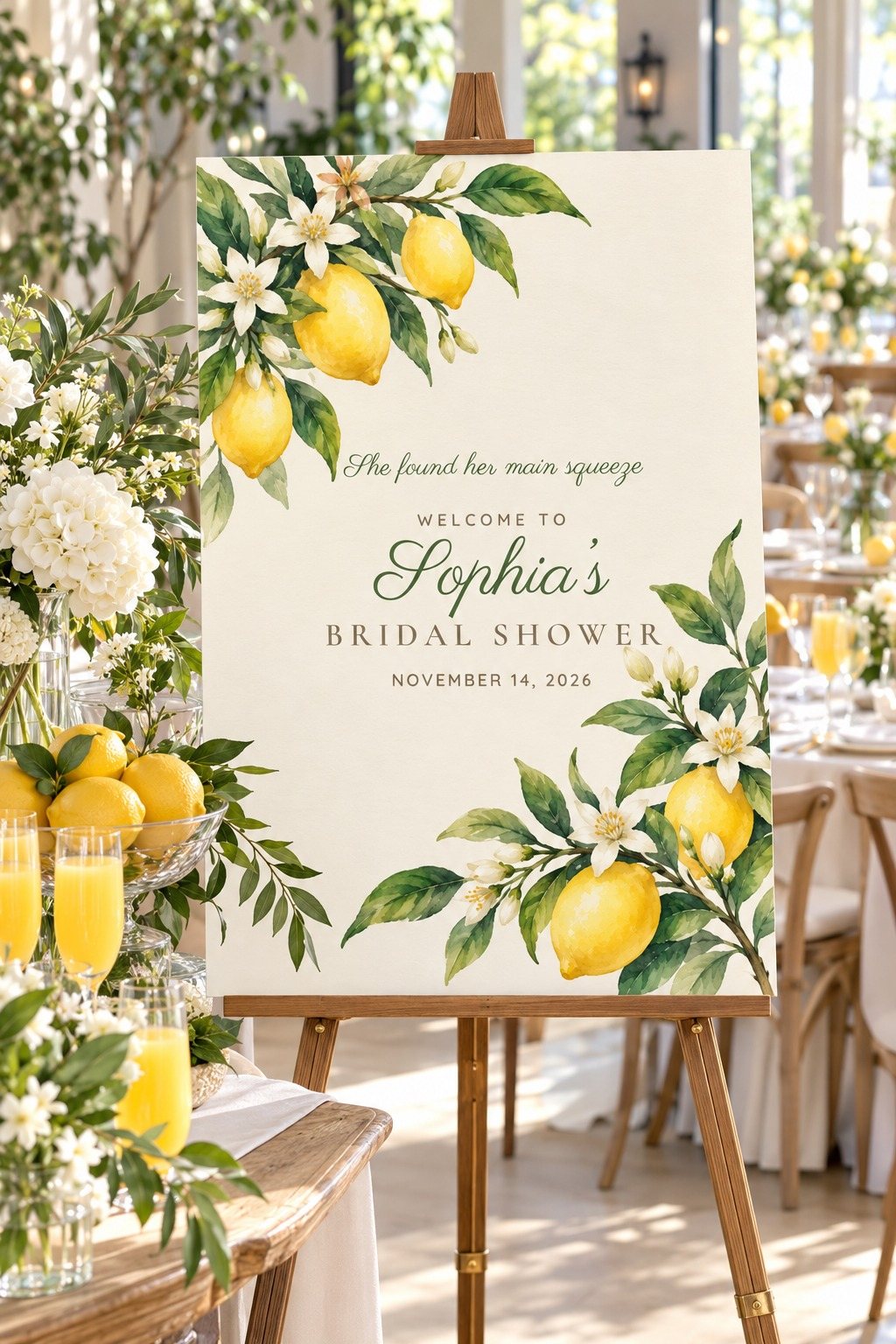 Main Squeeze Lemon Branch bridal shower welcome sign on an easel