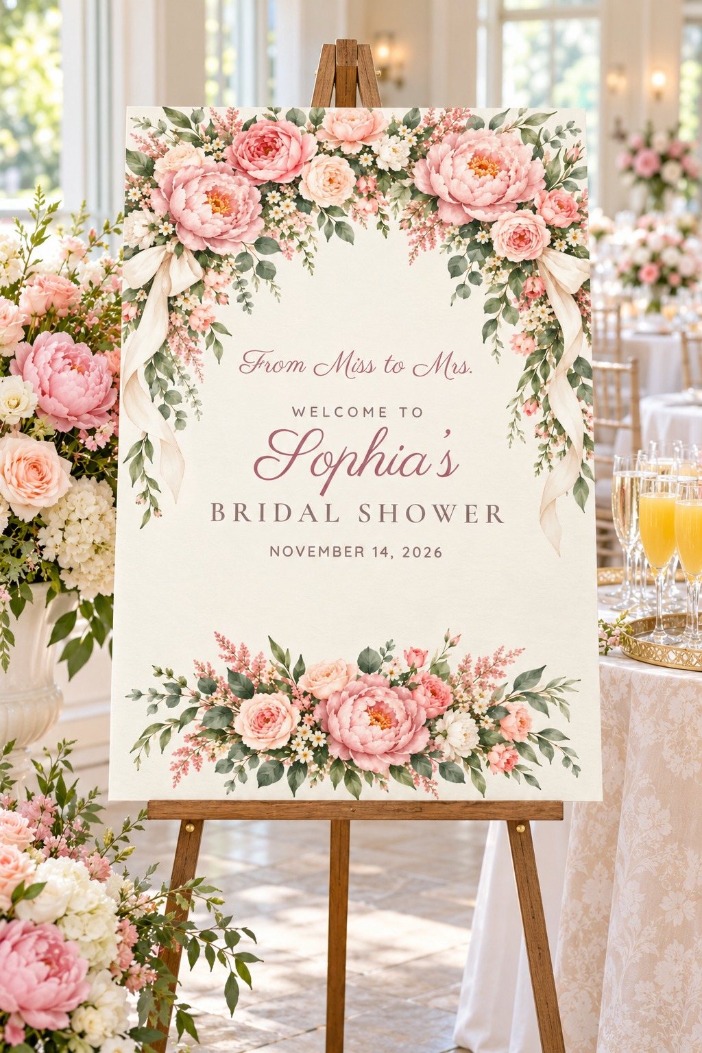 Miss to Mrs. Blush Peony bridal shower welcome sign on an easel