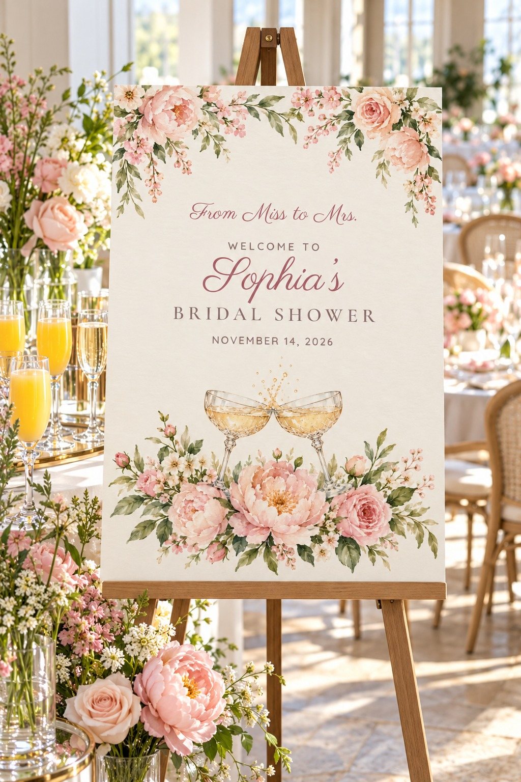 Miss to Mrs. Champagne Toast bridal shower welcome sign on an easel