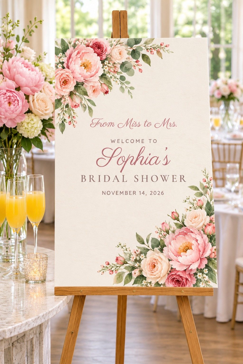 Miss to Mrs. Peony Corner bridal shower welcome sign on an easel