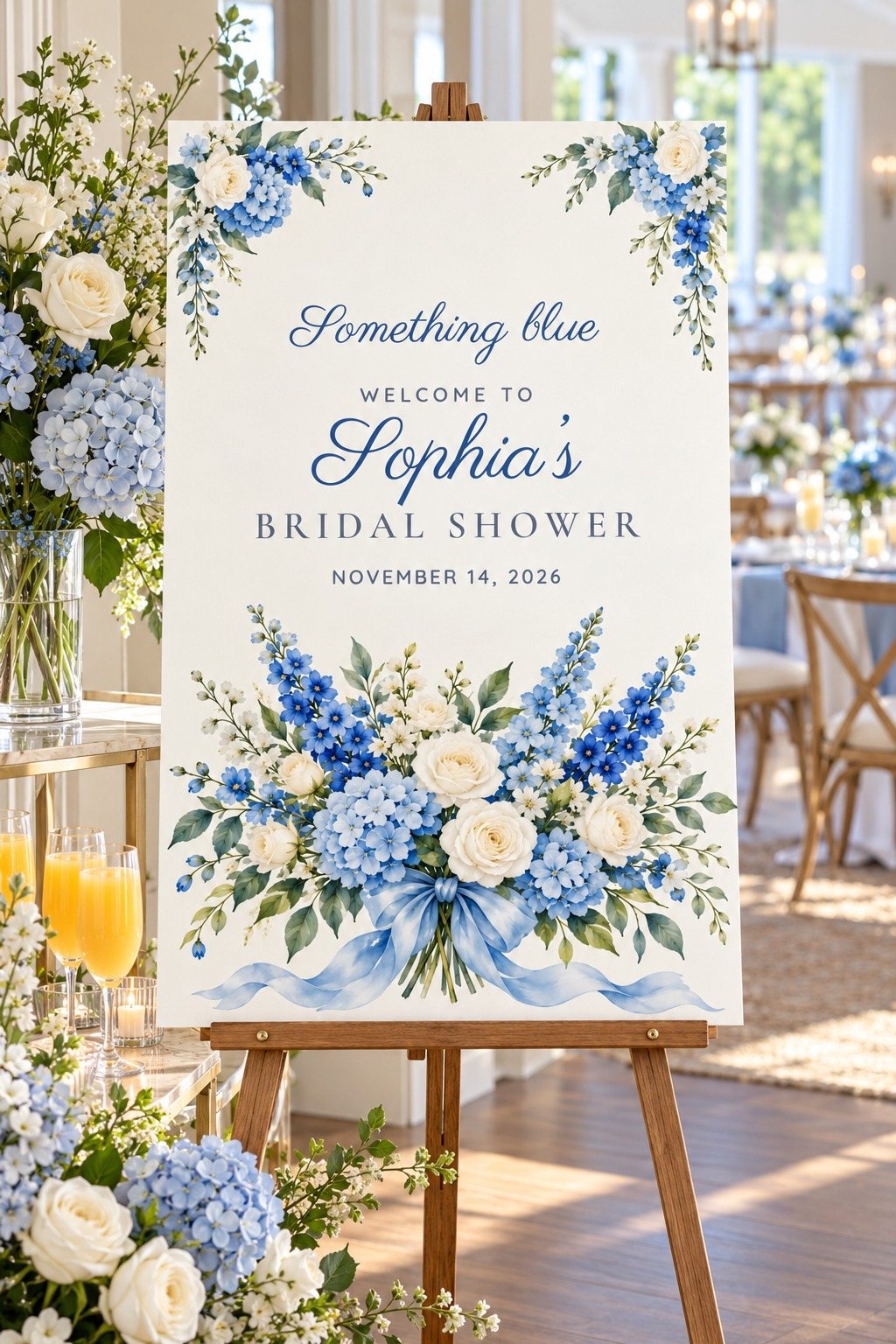 Something Blue Blue Bouquet bridal shower welcome sign on an easel
