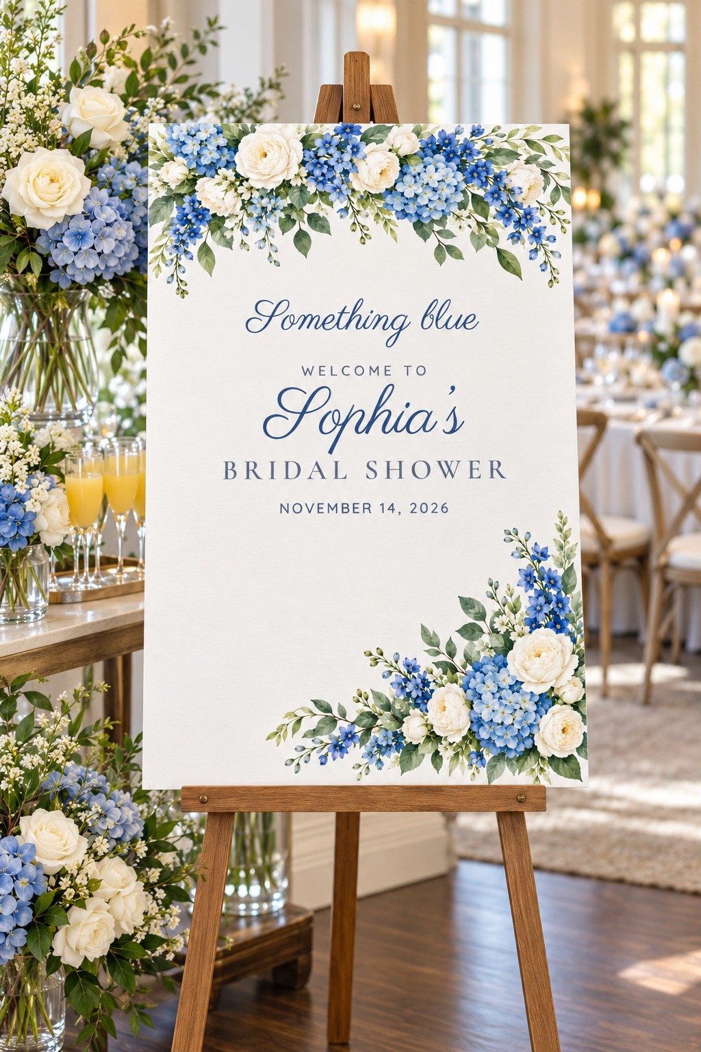 Something Blue Blue Hydrangea bridal shower welcome sign on an easel