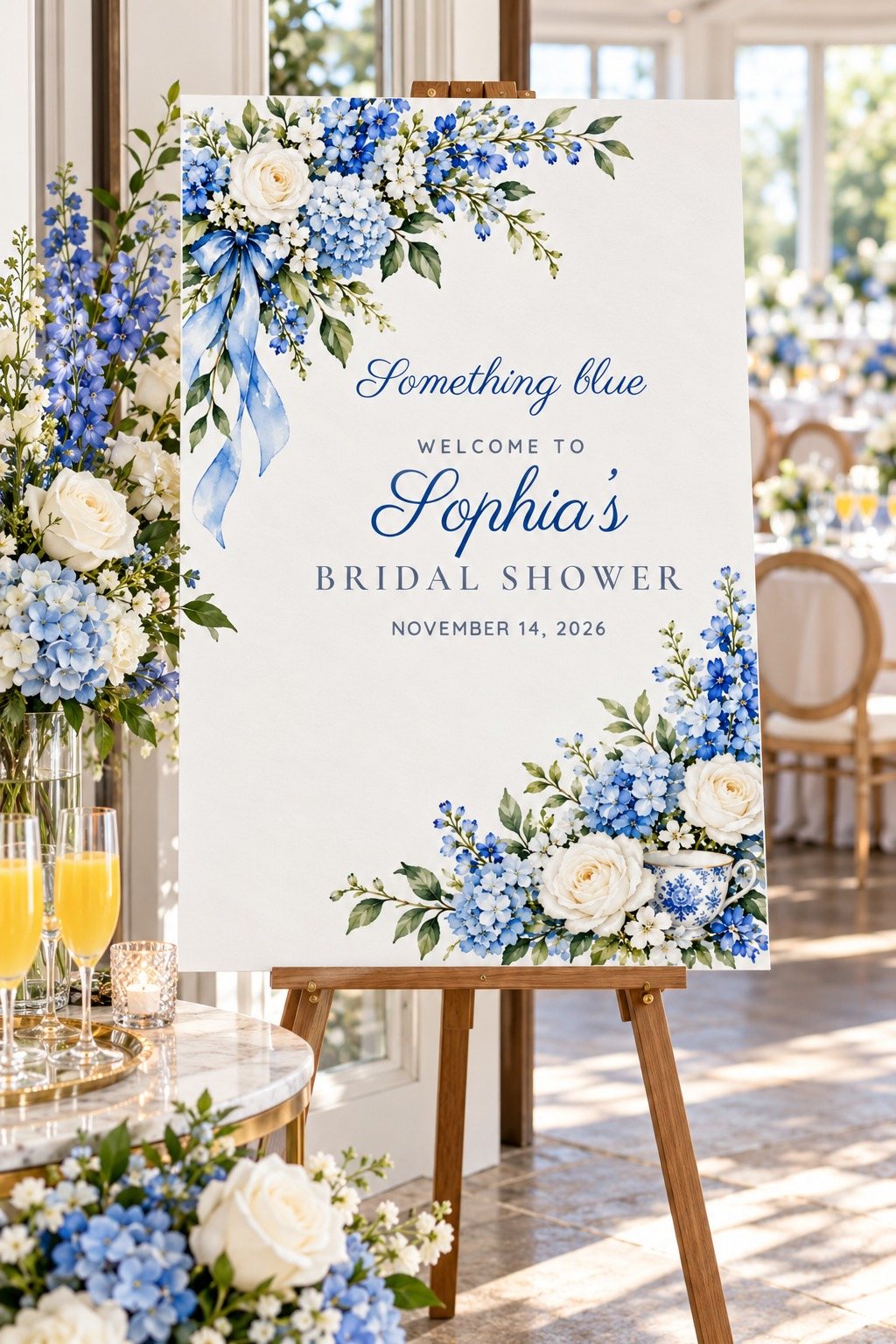 Something Blue Blue Ribbon bridal shower welcome sign on an easel
