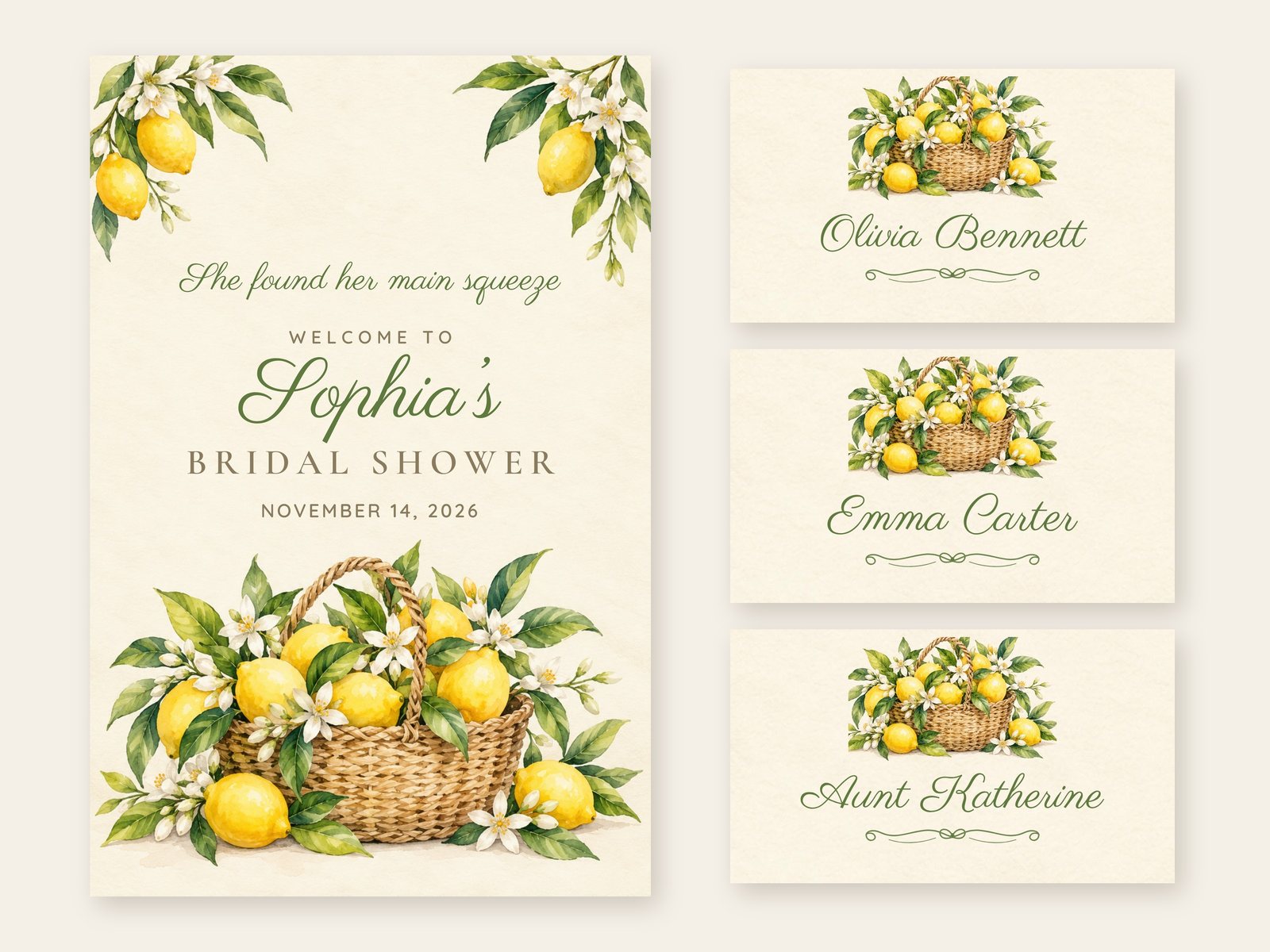 Main Squeeze Lemon Basket welcome sign with matching name tents