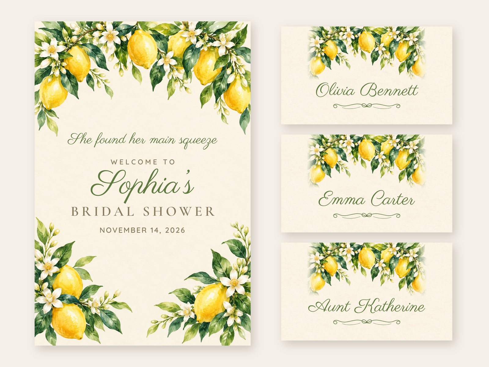 Main Squeeze Lemon Blossom welcome sign with matching name tents