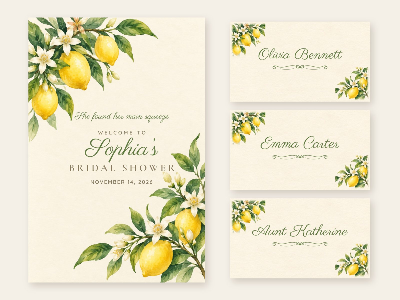 Main Squeeze Lemon Branch welcome sign with matching name tents