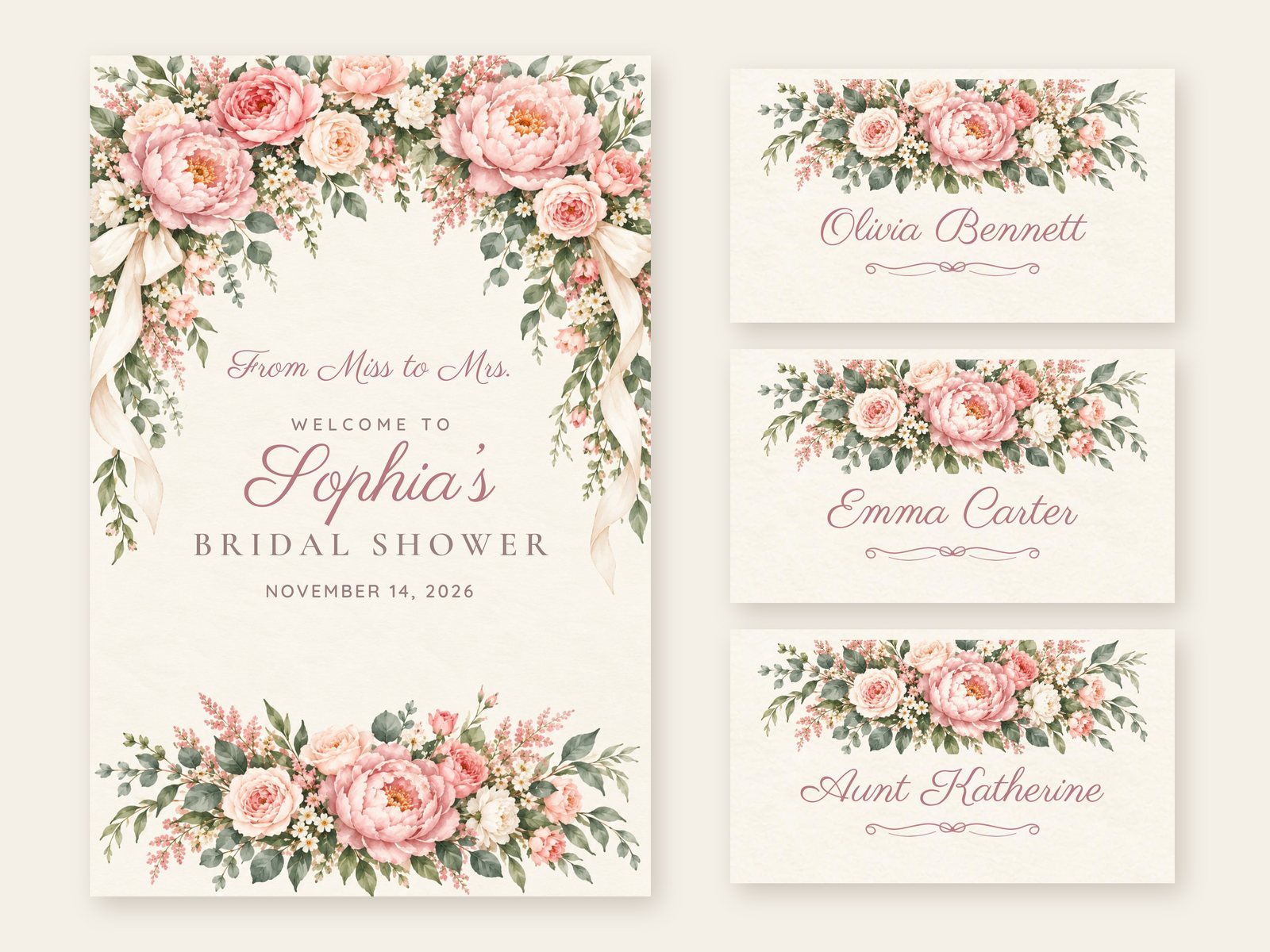 Miss to Mrs. Blush Peony welcome sign with matching name tents