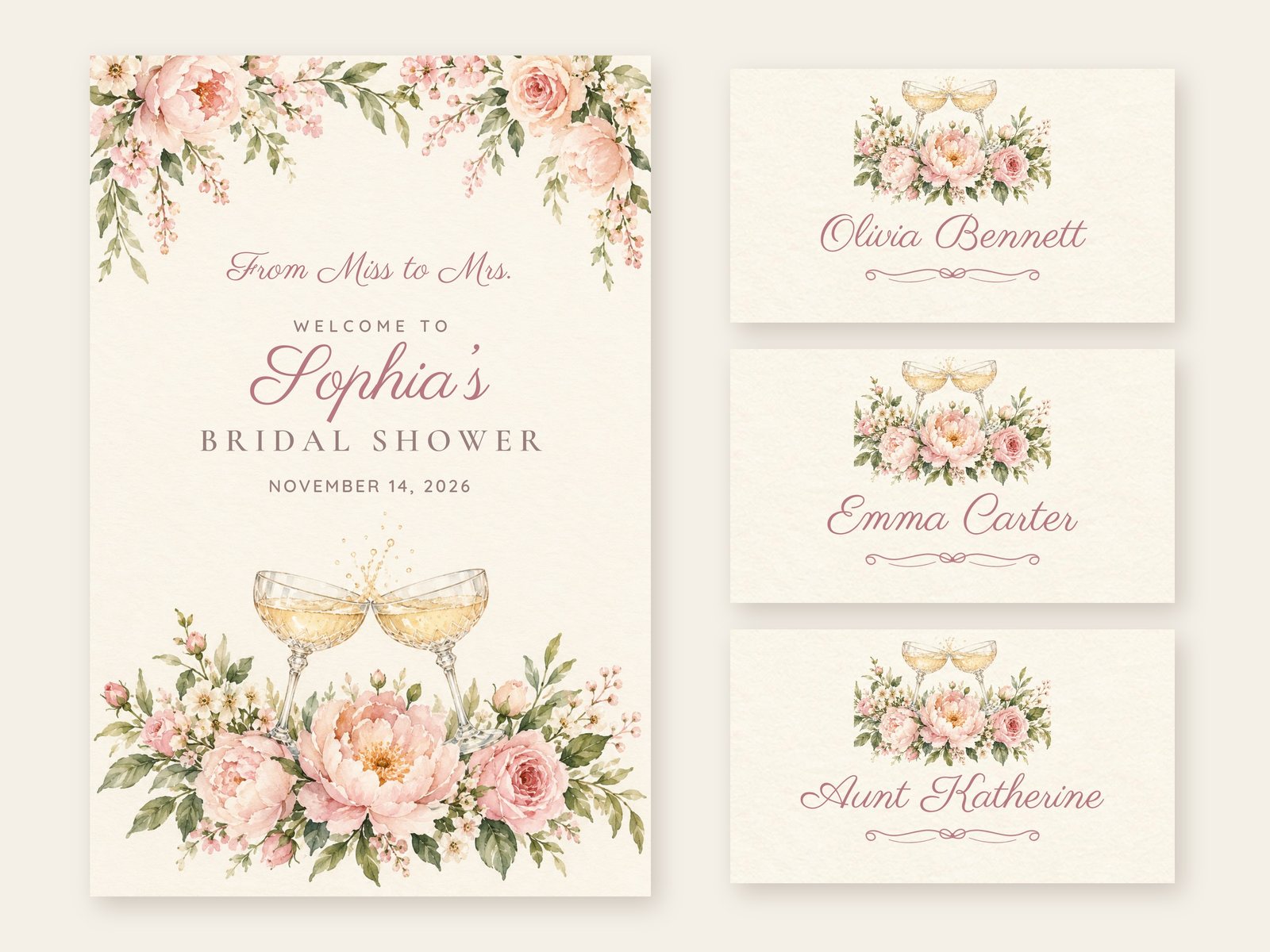 Miss to Mrs. Champagne Toast welcome sign with matching name tents