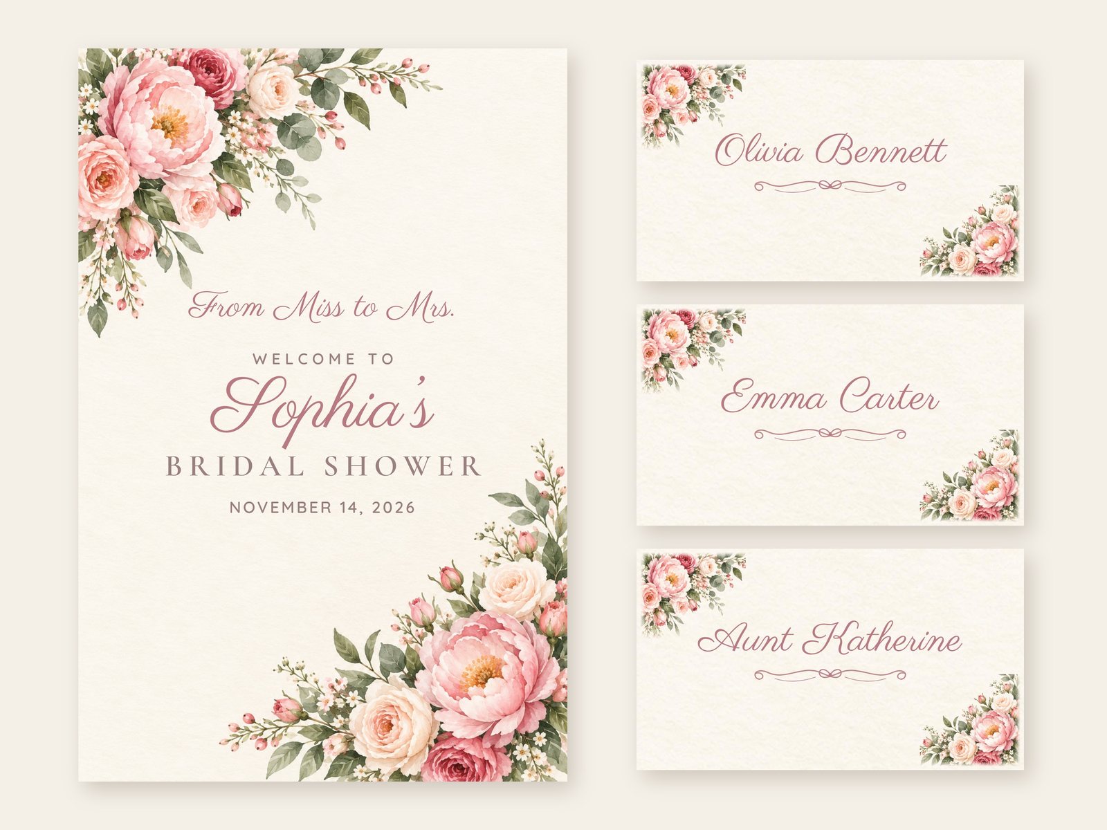 Miss to Mrs. Peony Corner welcome sign with matching name tents