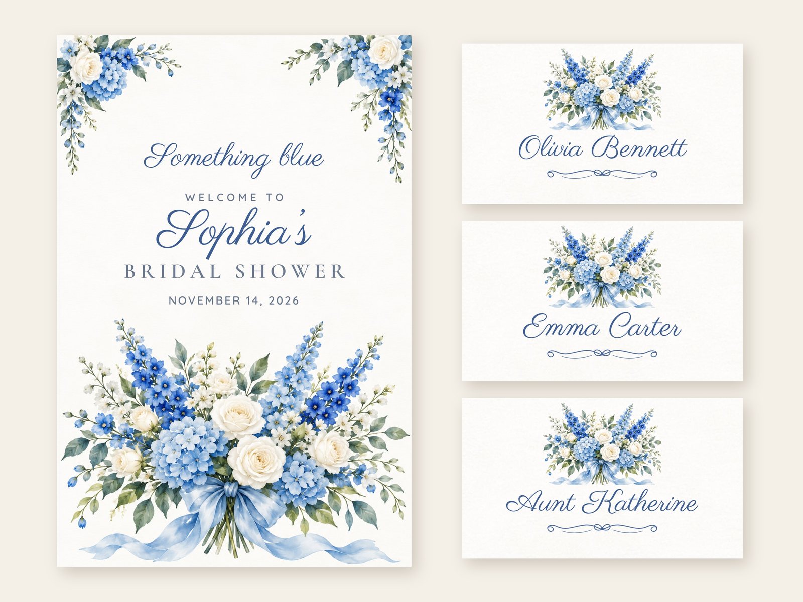 Something Blue Blue Bouquet welcome sign with matching name tents