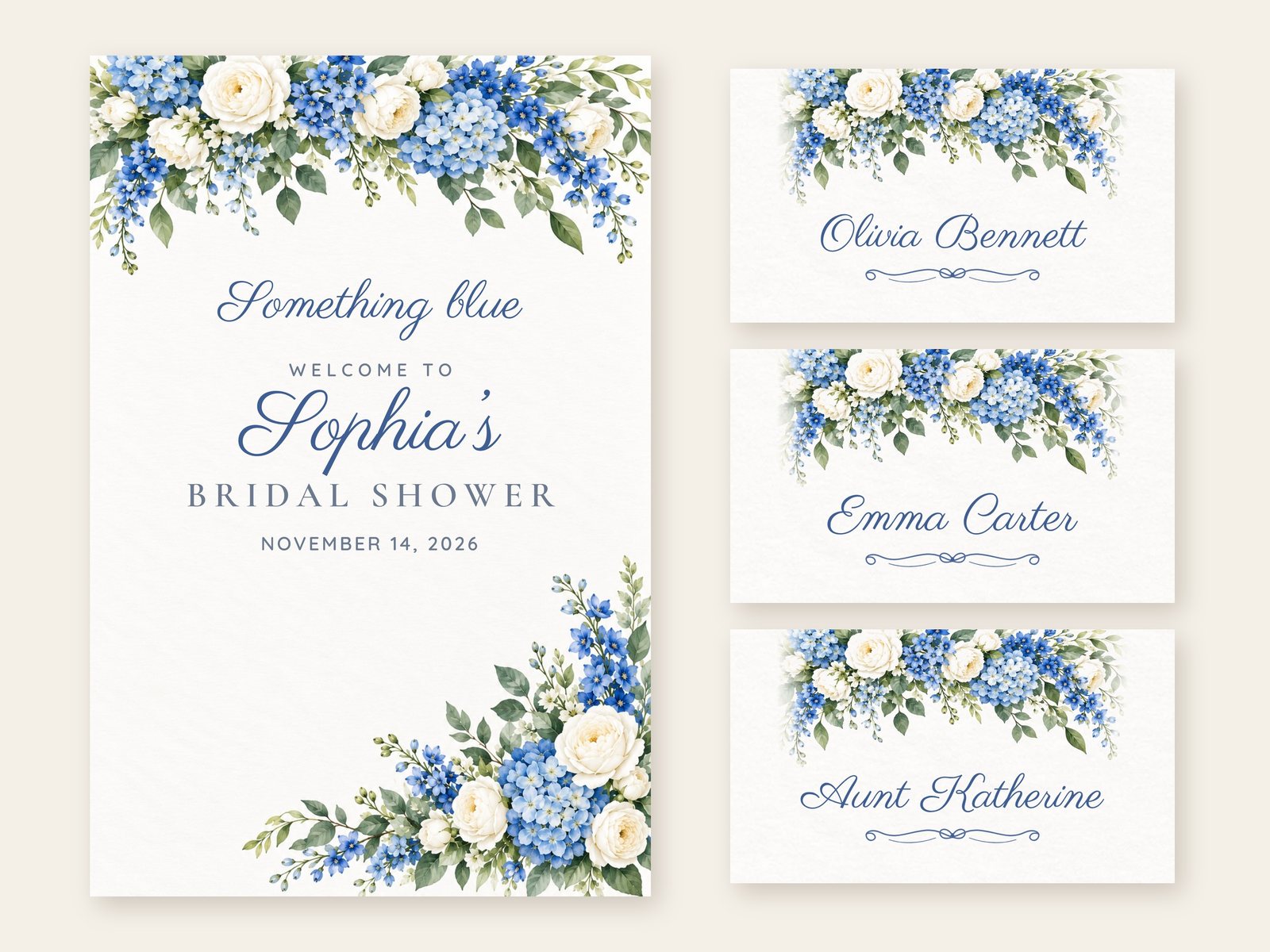 Something Blue Blue Hydrangea welcome sign with matching name tents