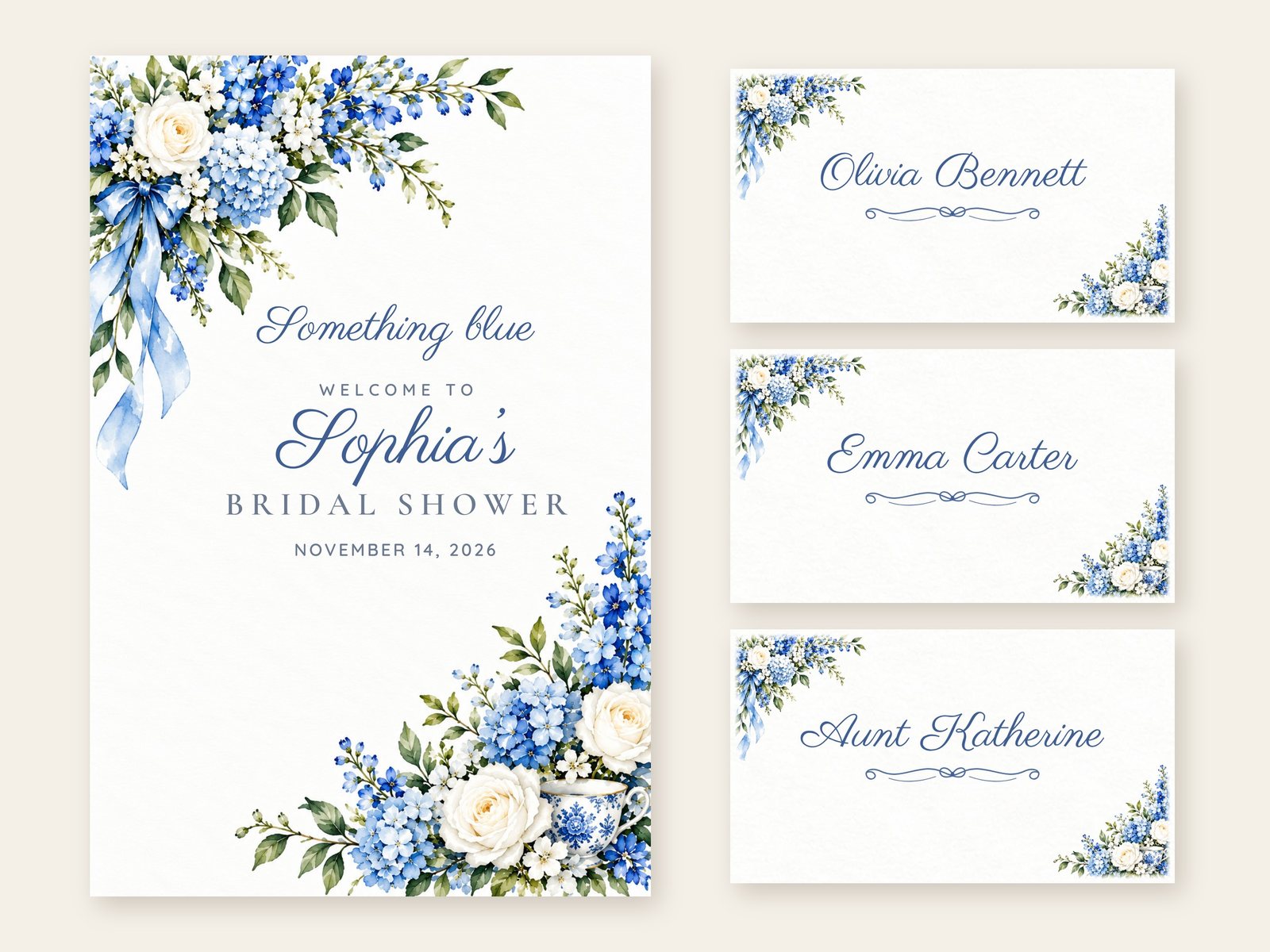 Something Blue Blue Ribbon welcome sign with matching name tents