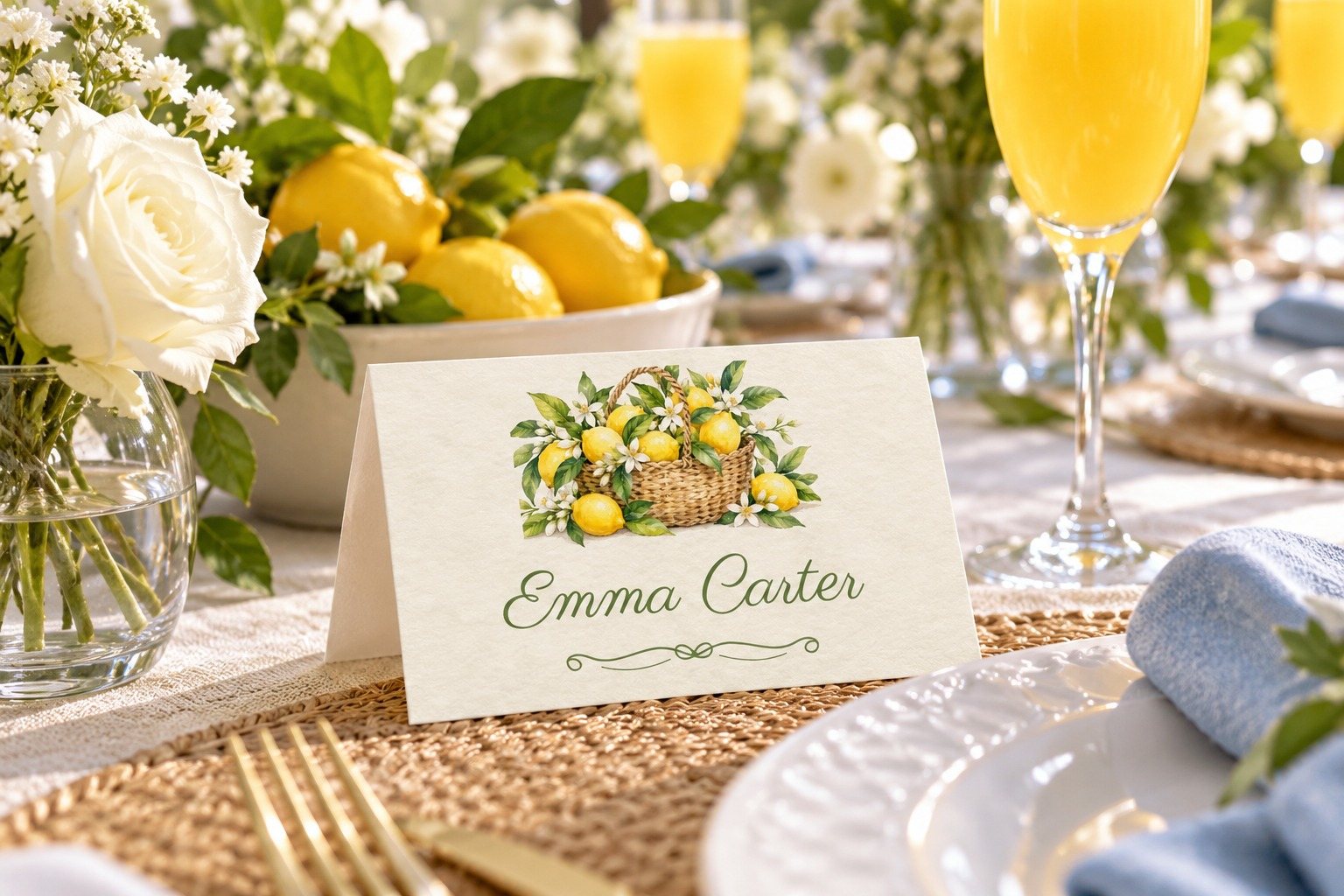Main Squeeze Lemon Basket name tent at a bridal shower luncheon