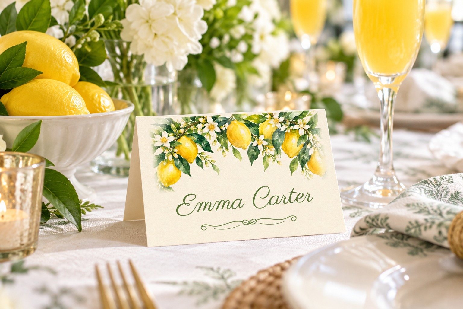 Main Squeeze Lemon Blossom name tent at a bridal shower luncheon