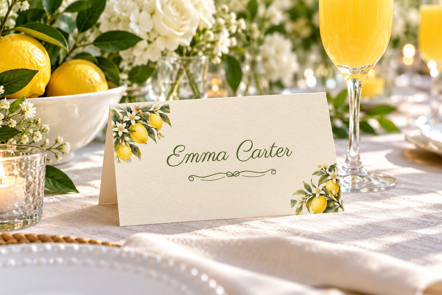 Main Squeeze Lemon Branch name tent at a bridal shower luncheon