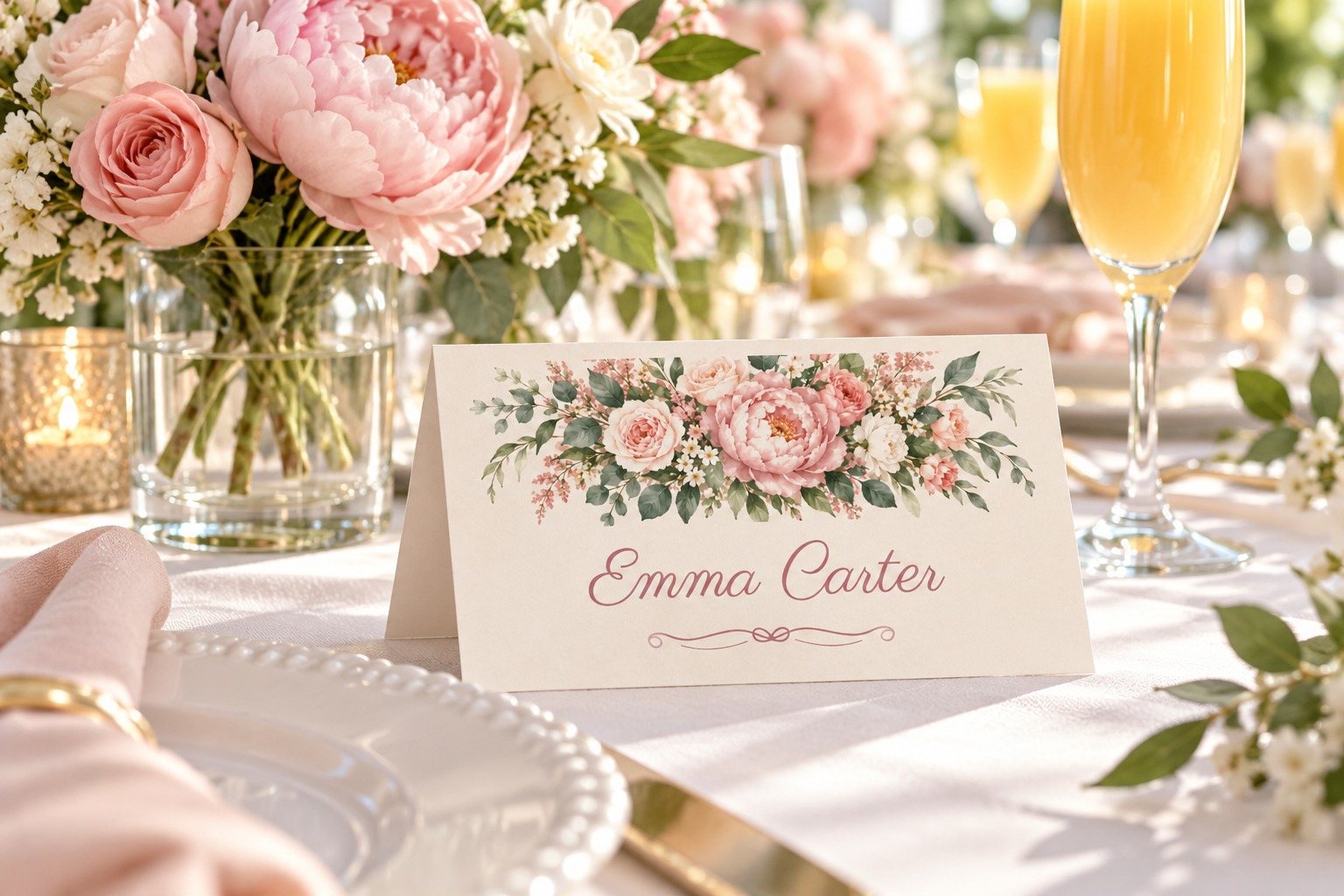 Miss to Mrs. Blush Peony name tent at a bridal shower luncheon