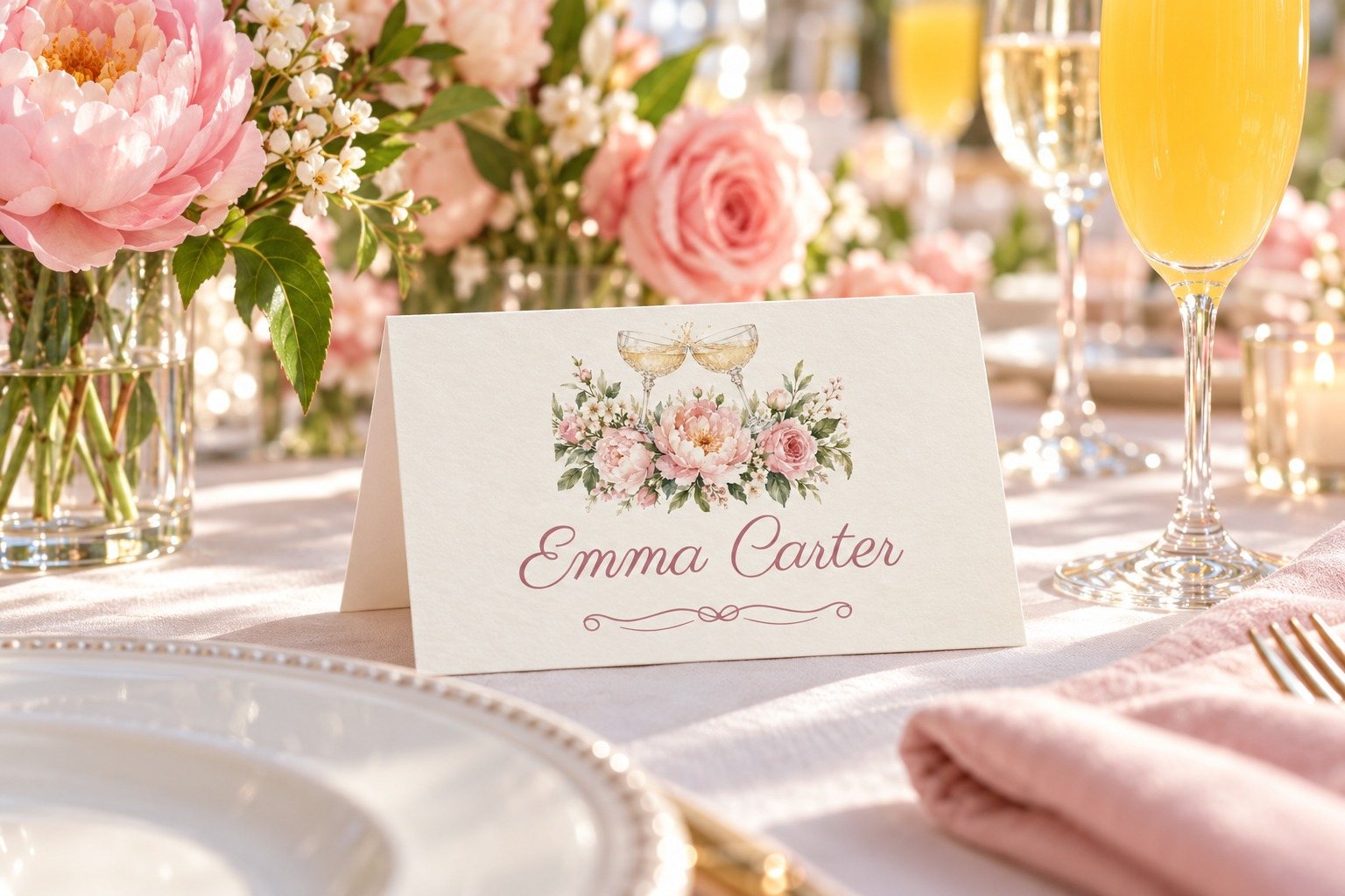 Miss to Mrs. Champagne Toast name tent at a bridal shower luncheon