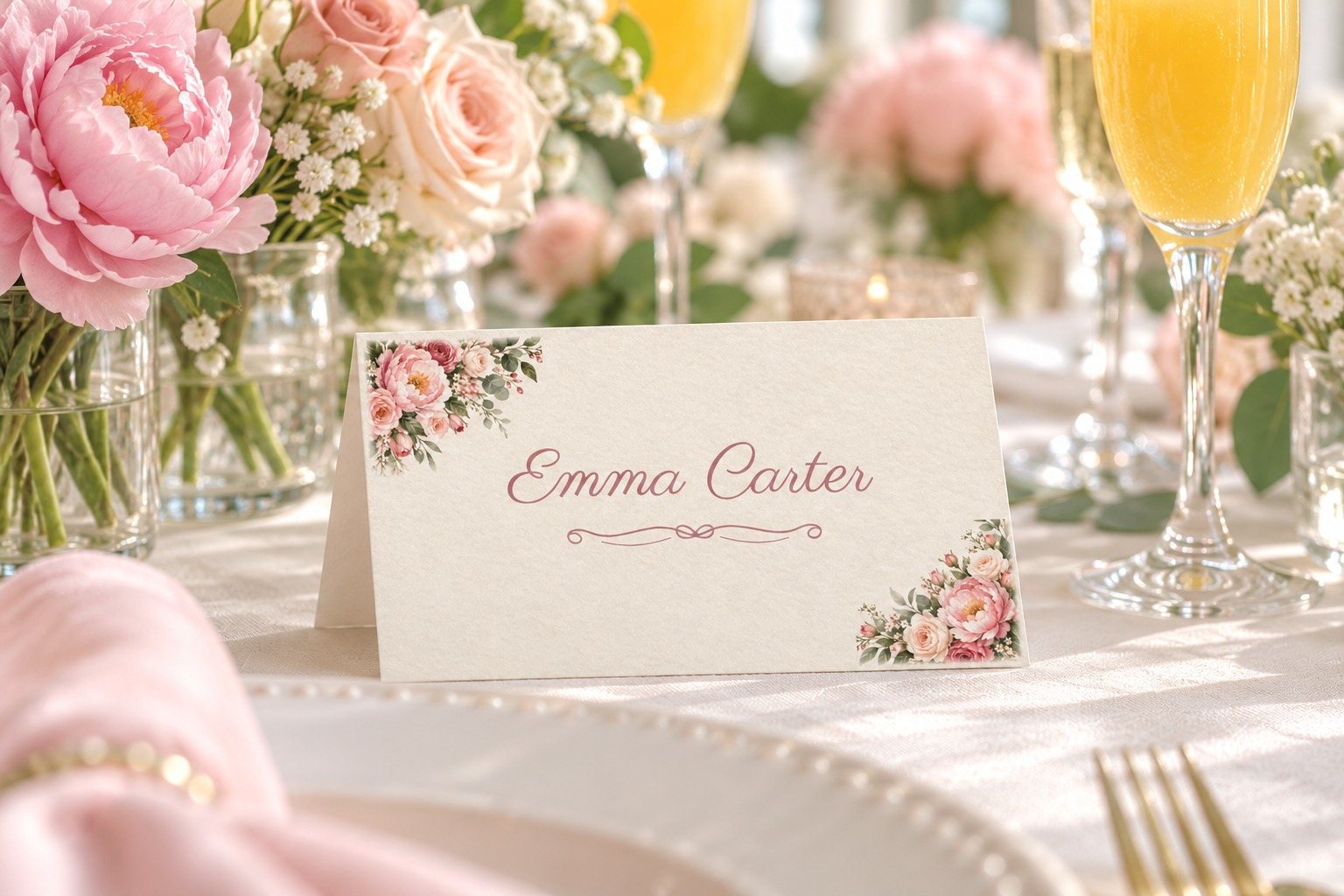 Miss to Mrs. Peony Corner name tent at a bridal shower luncheon