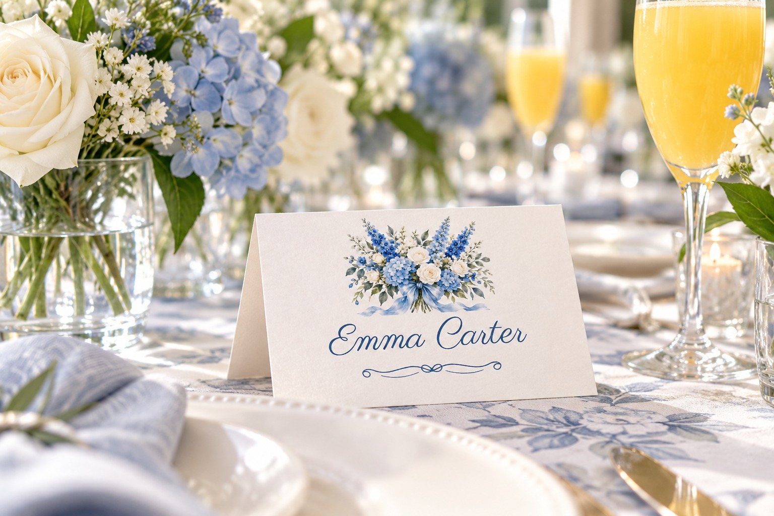 Something Blue Blue Bouquet name tent at a bridal shower luncheon