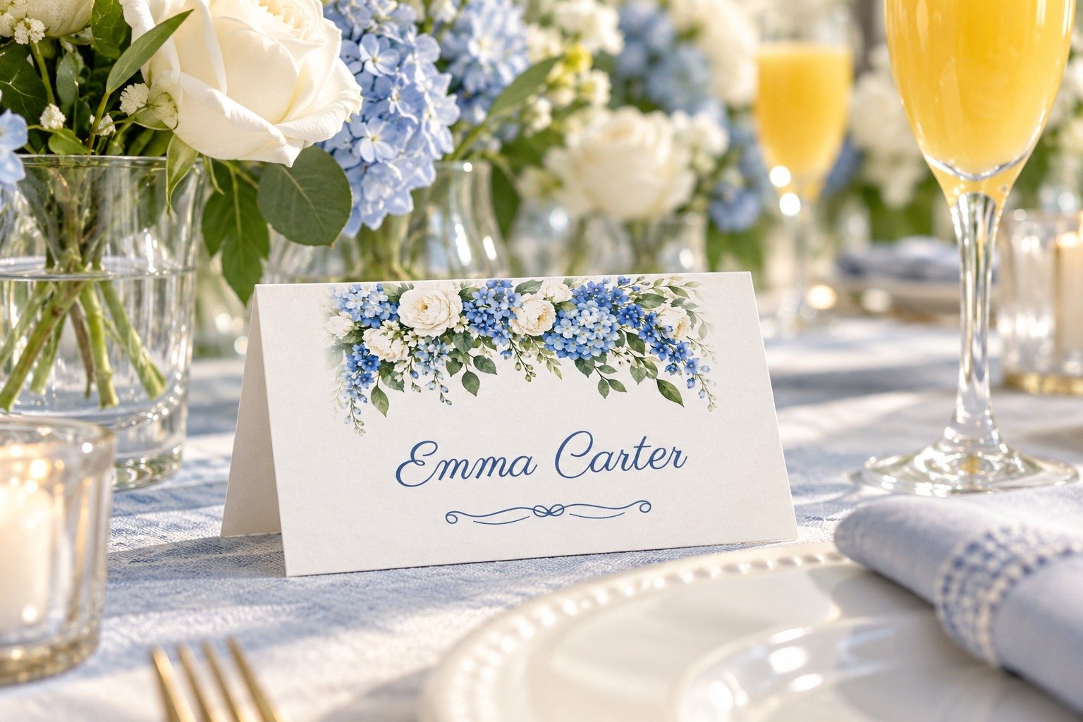 Something Blue Blue Hydrangea name tent at a bridal shower luncheon
