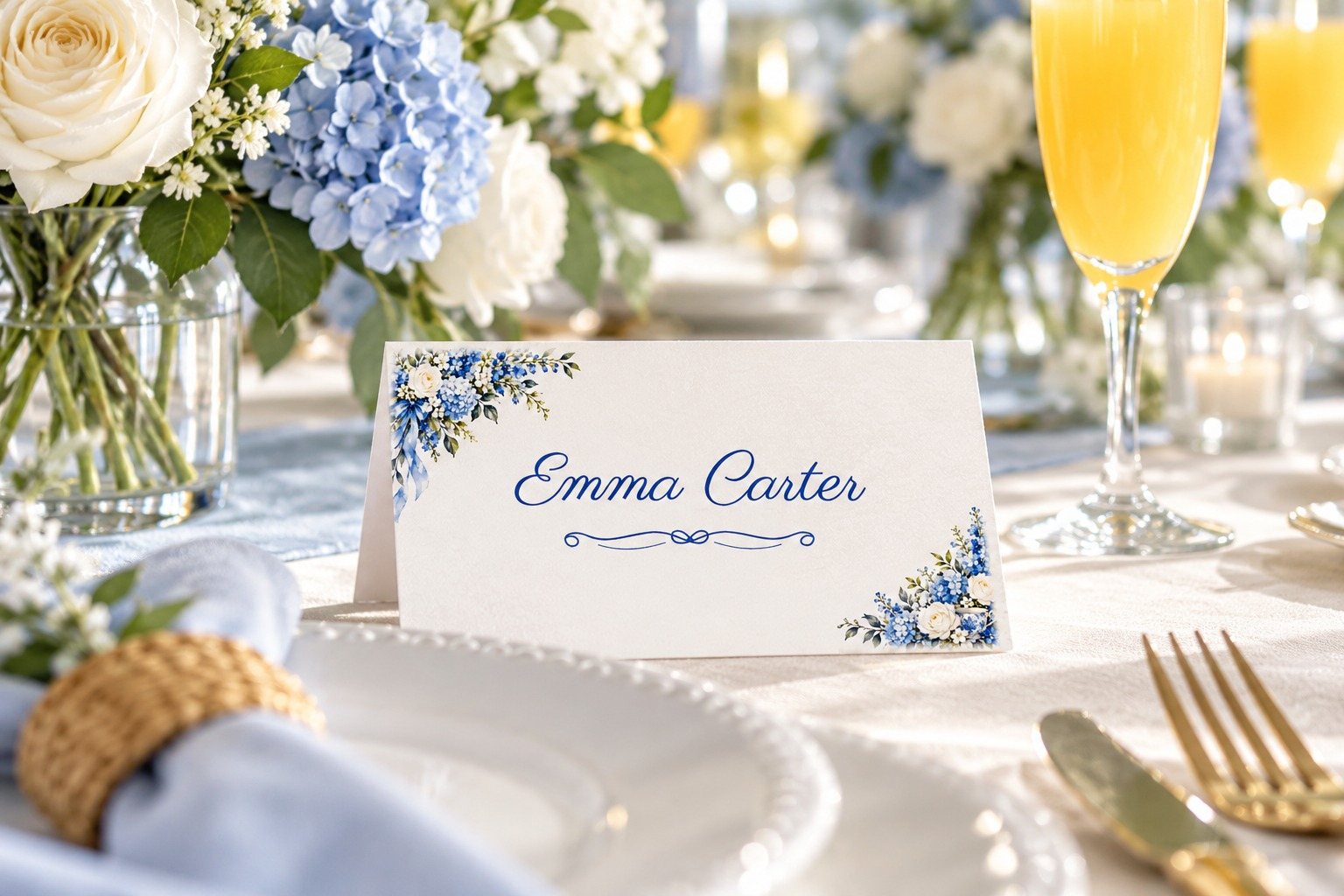 Something Blue Blue Ribbon name tent at a bridal shower luncheon