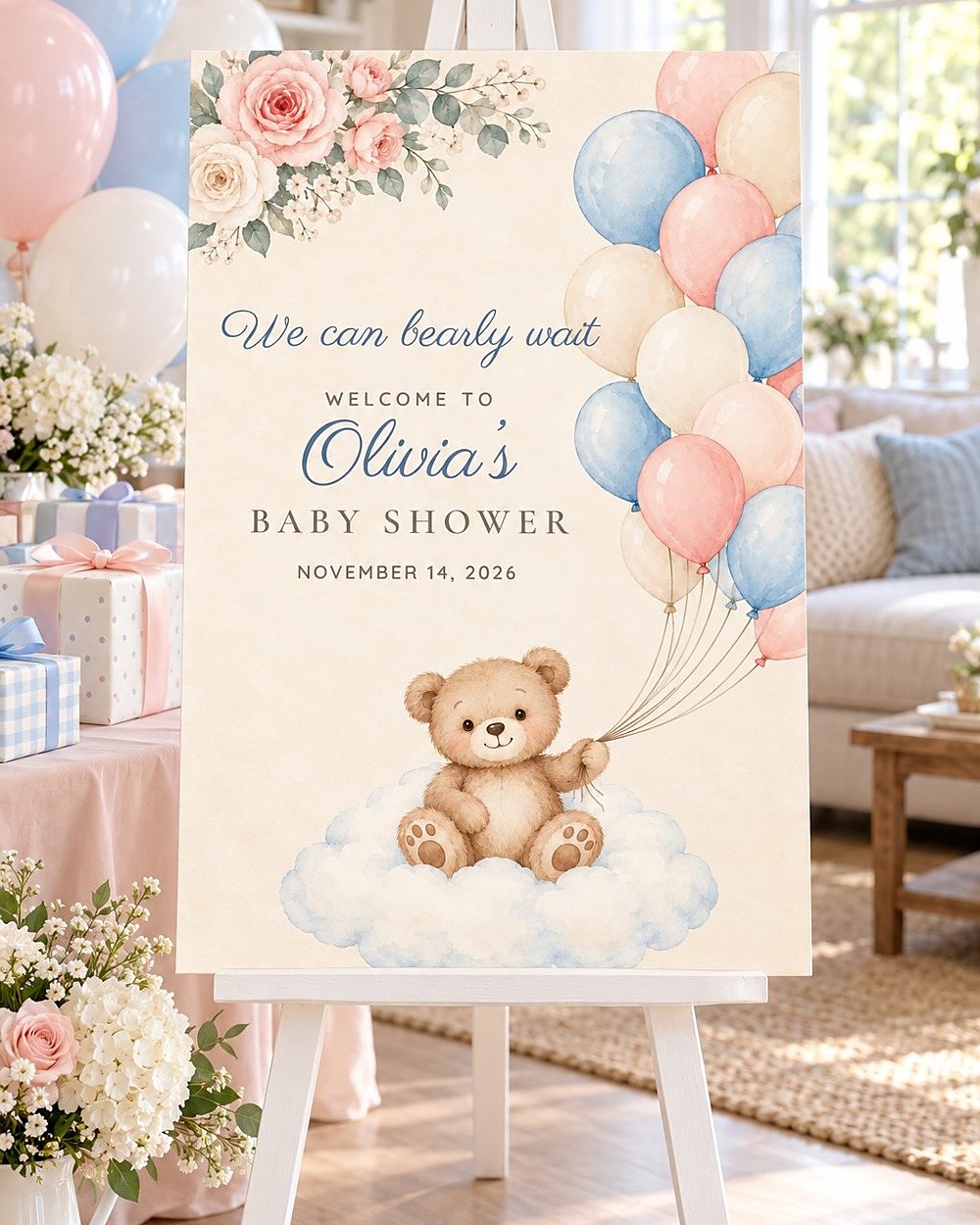 We Can Bearly Wait Bear on a Cloud baby shower welcome sign