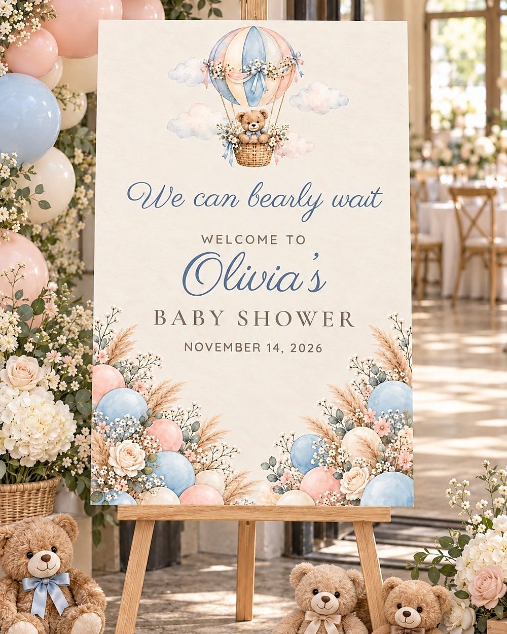 We Can Bearly Wait Hot Air Balloon baby shower welcome sign