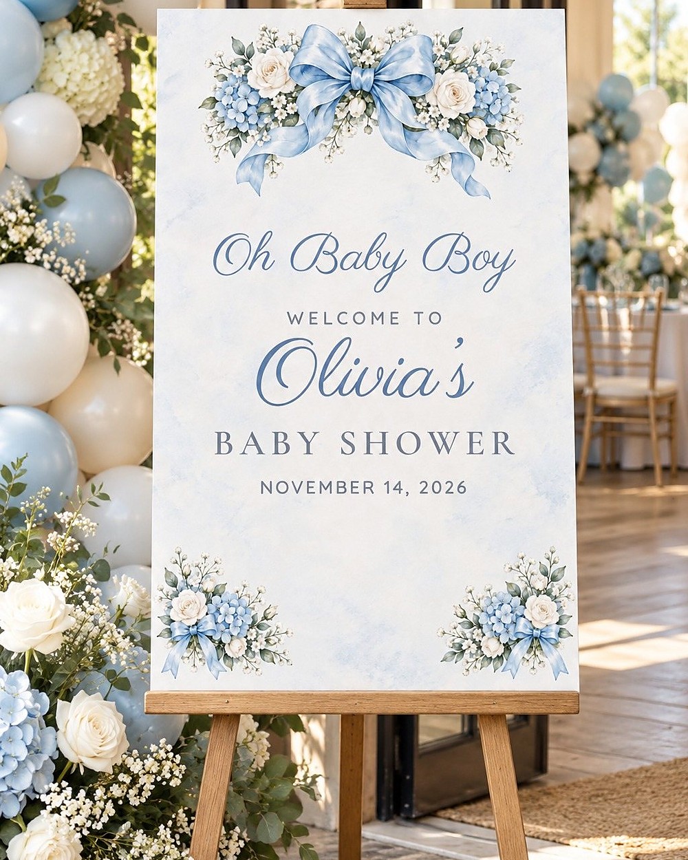 Oh Baby Boy Blue Bow baby shower welcome sign