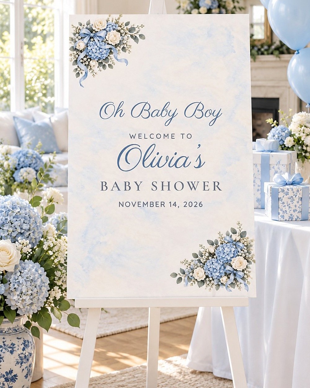 Oh Baby Boy Floral Corner baby shower welcome sign