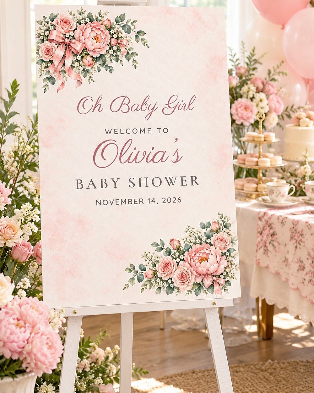 Oh Baby Girl Floral Corner baby shower welcome sign