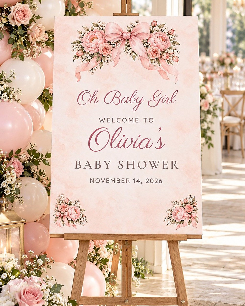Oh Baby Girl Pink Bow baby shower welcome sign
