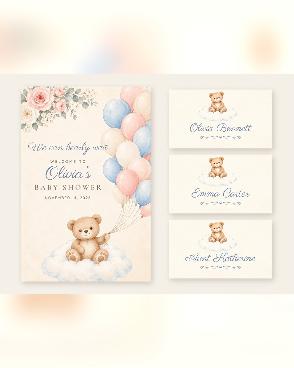 We Can Bearly Wait Bear on a Cloud welcome sign and name tents set