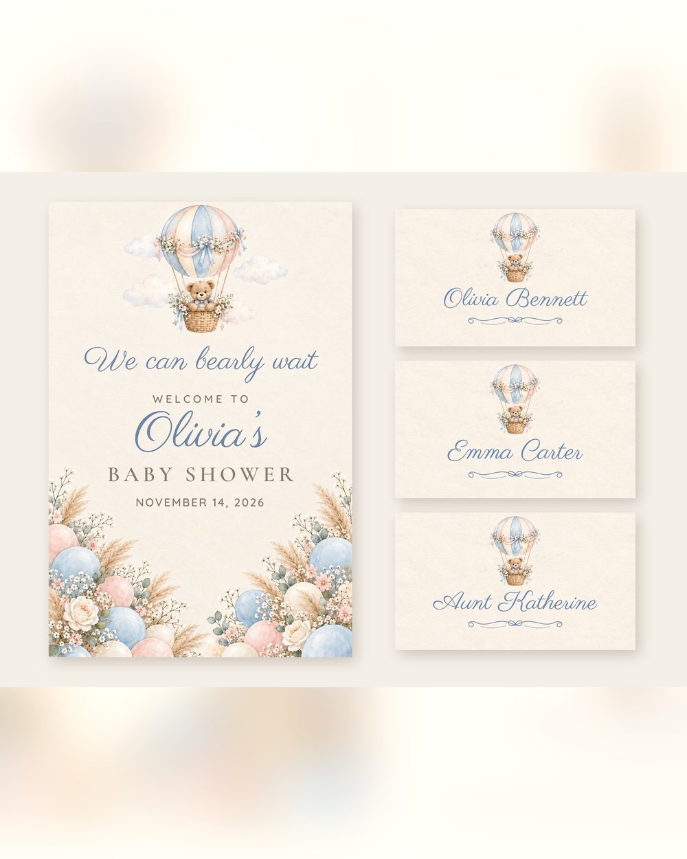 We Can Bearly Wait Hot Air Balloon welcome sign and name tents set