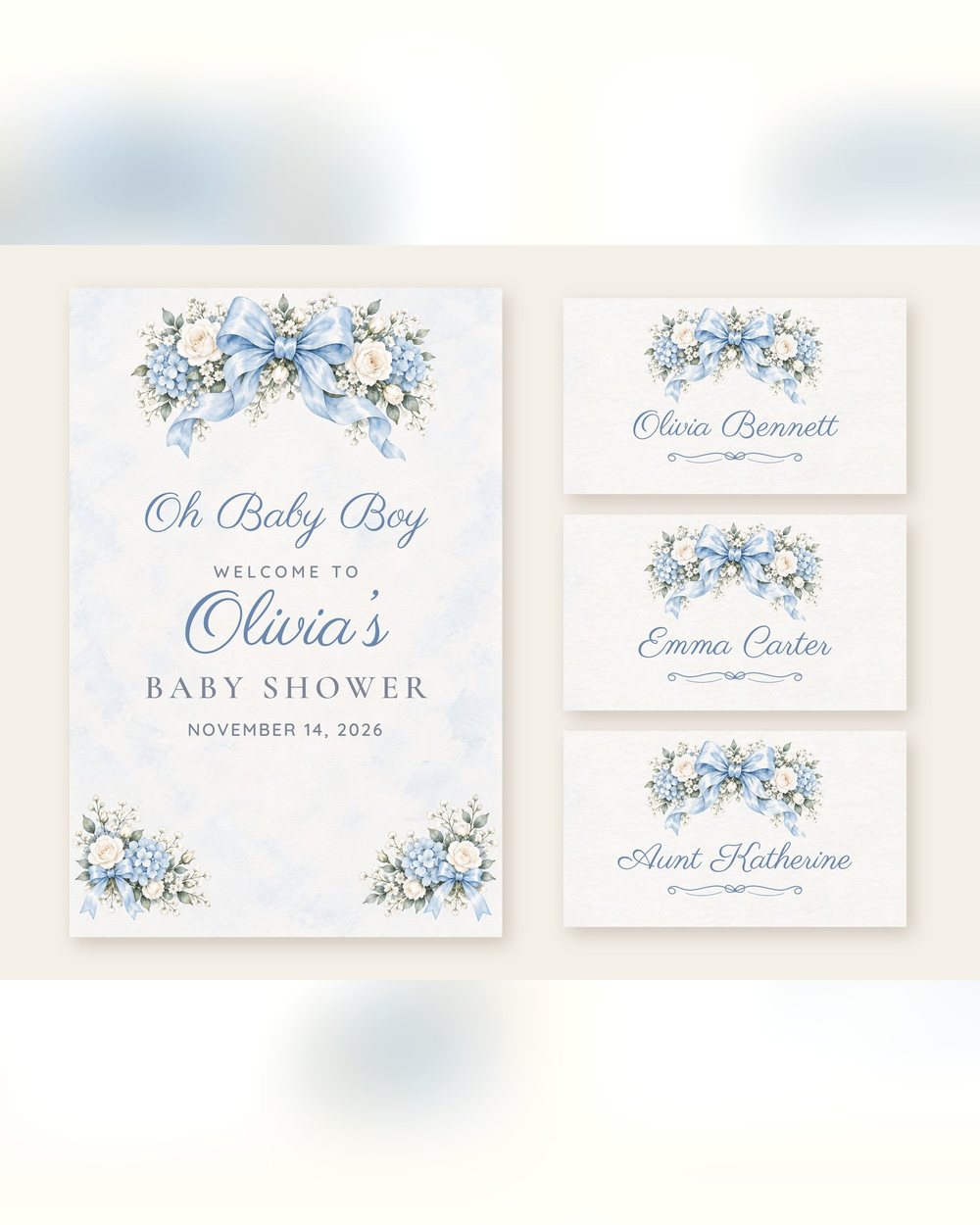 Oh Baby Boy Blue Bow welcome sign and name tents set