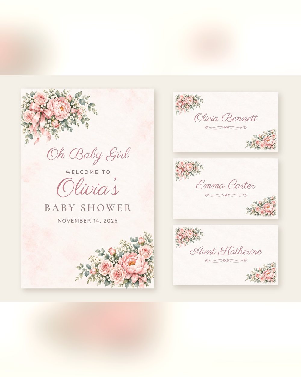 Oh Baby Girl Floral Corner welcome sign and name tents set