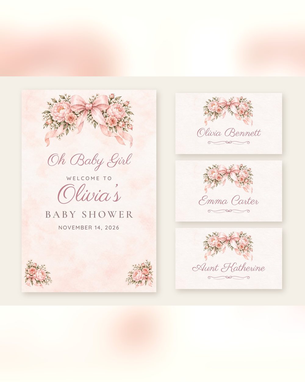 Oh Baby Girl Pink Bow welcome sign and name tents set