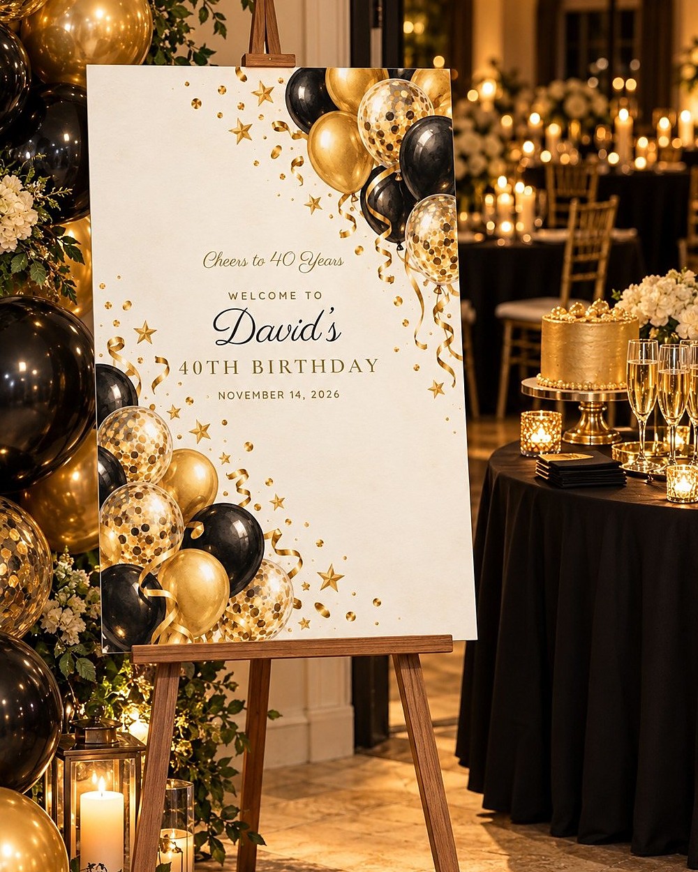 Cheers Gold Balloons birthday welcome sign